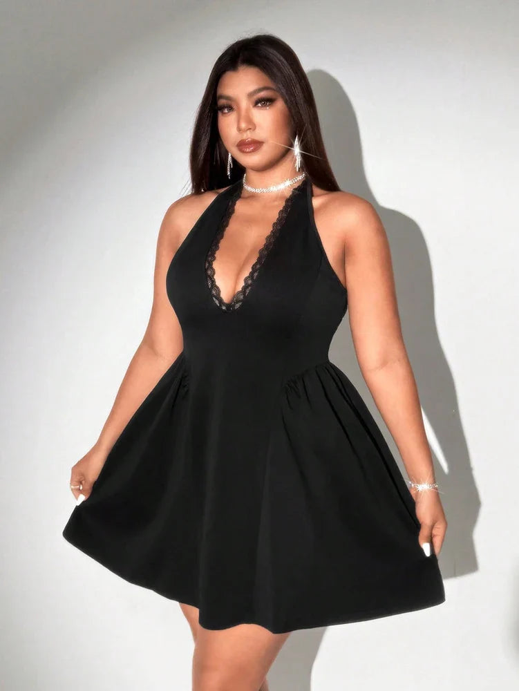 Plus Size Spring/Summer New Arrival Dress V-neck Sensual Lace-trimmed Sleeveless Puff-skirt Evening Gown Solid Colour