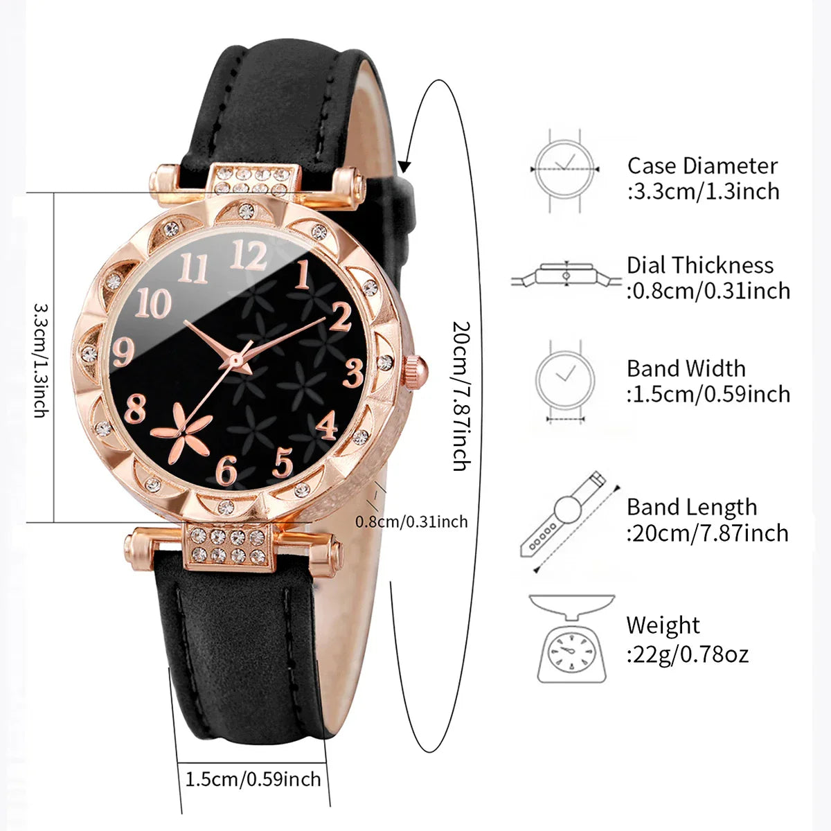 6PCS/Set Fashion Flower Dial Women's Quartz Casual Leather Band Analog Watches Heart Bracelets Set（Without Box）