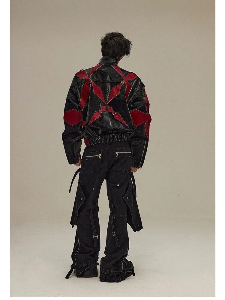 Spring Autumn Cool Handsome Crocodile Print Patchwork Pu Leather Jacket Men Color Block Luxury Designer Clothes 2024