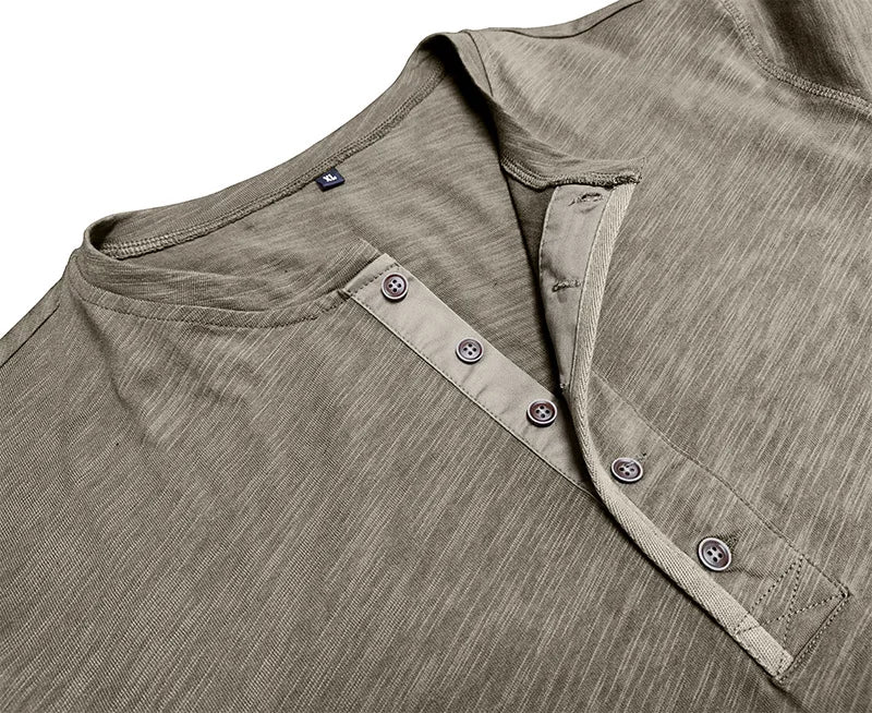New Autumn Long Sleeve T-Shirt Mens Casual Solid Color Top Henley Neck Slim Versatile Work T-shirt Breathable Outdoor Thin Tee