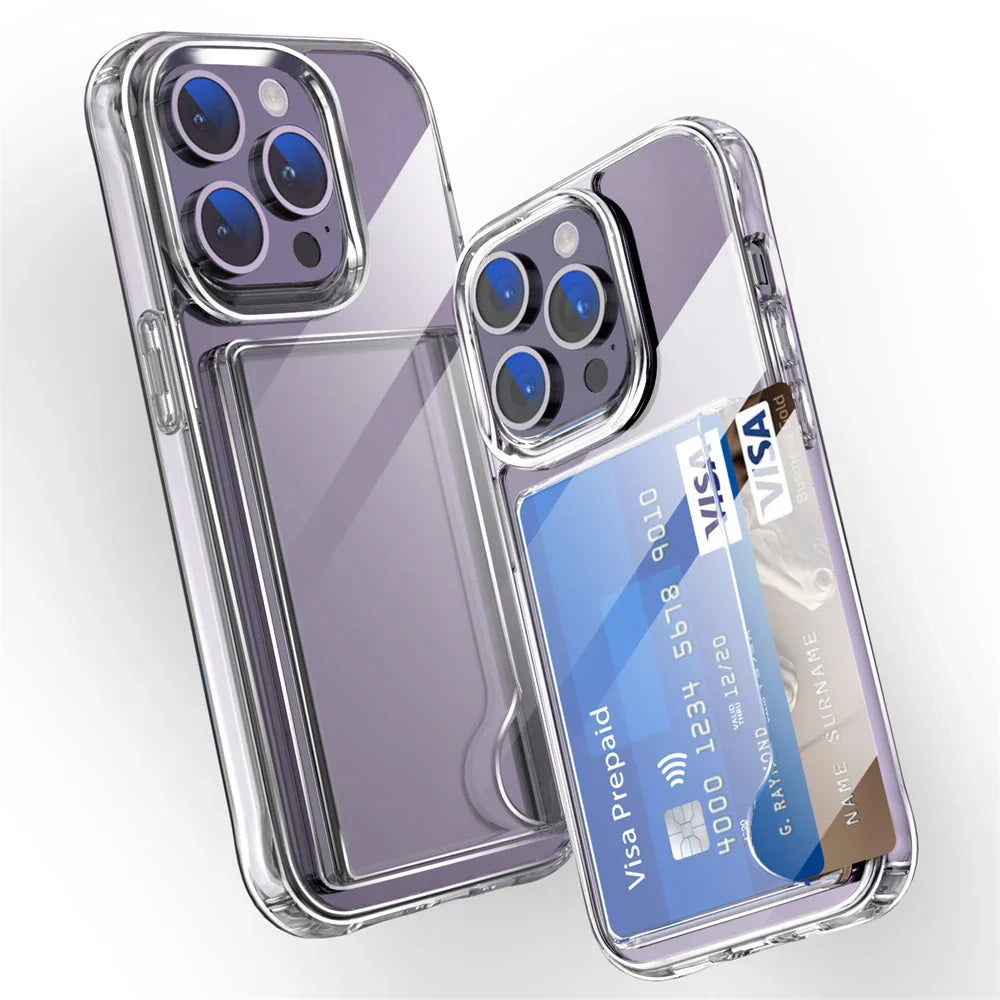 Luxury Transparent Wallet Card Slots Holder Phone Case For iPhone 17 16 15 14 Pro Max 13 12 11 XR X Plus HD Acrylic Clear Cover