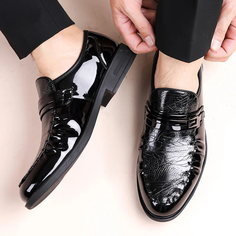 Men's Brown Crocodile Pattern Dress Shoes Patent Leather Slip-on Loafers Formal Business Wedding Oxfords for Men