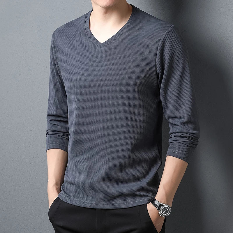 Minimalist Men's V-neck Long Sleeve T-shirt Soft Knitted Fabric Comfortable Top for All Seasons