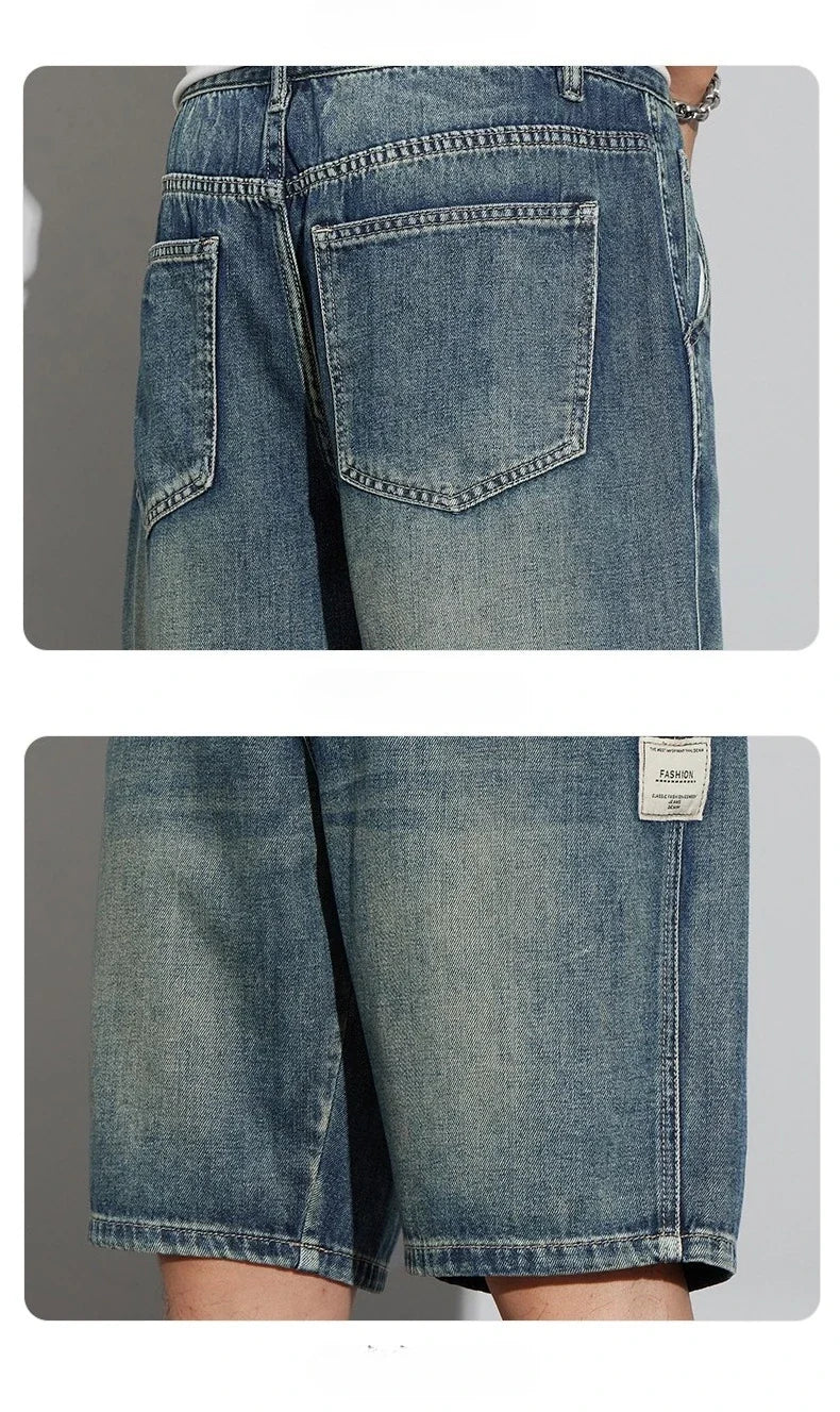 Summer Vintage Denim Shorts Men's Fashion Straight Casual Loose Streetwear Bermuda Jeans Male Short Pants Streetwear
