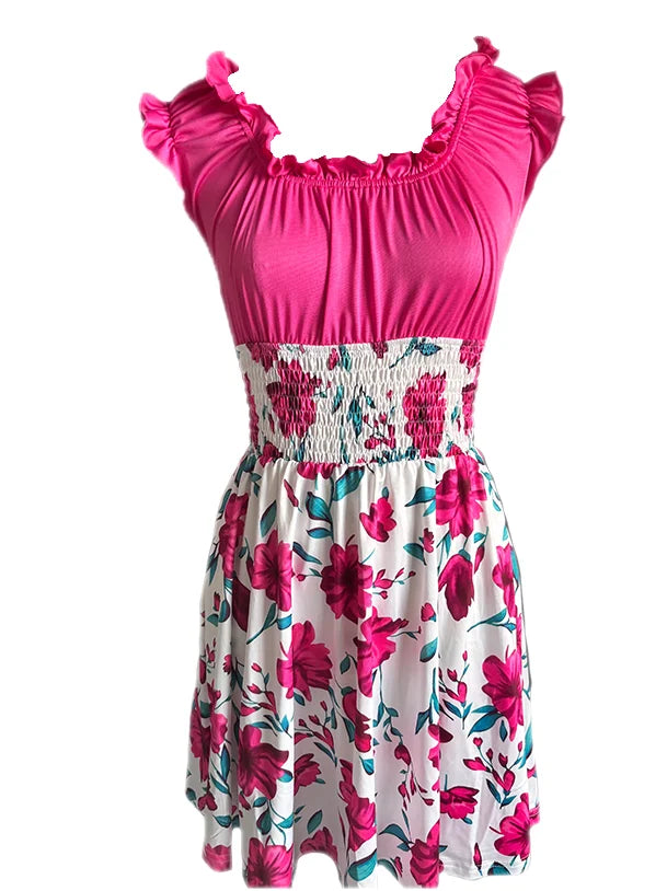Summer new V-neck slim fit elastic waist women's dress with floral patchwork design, suitable for beach vacations