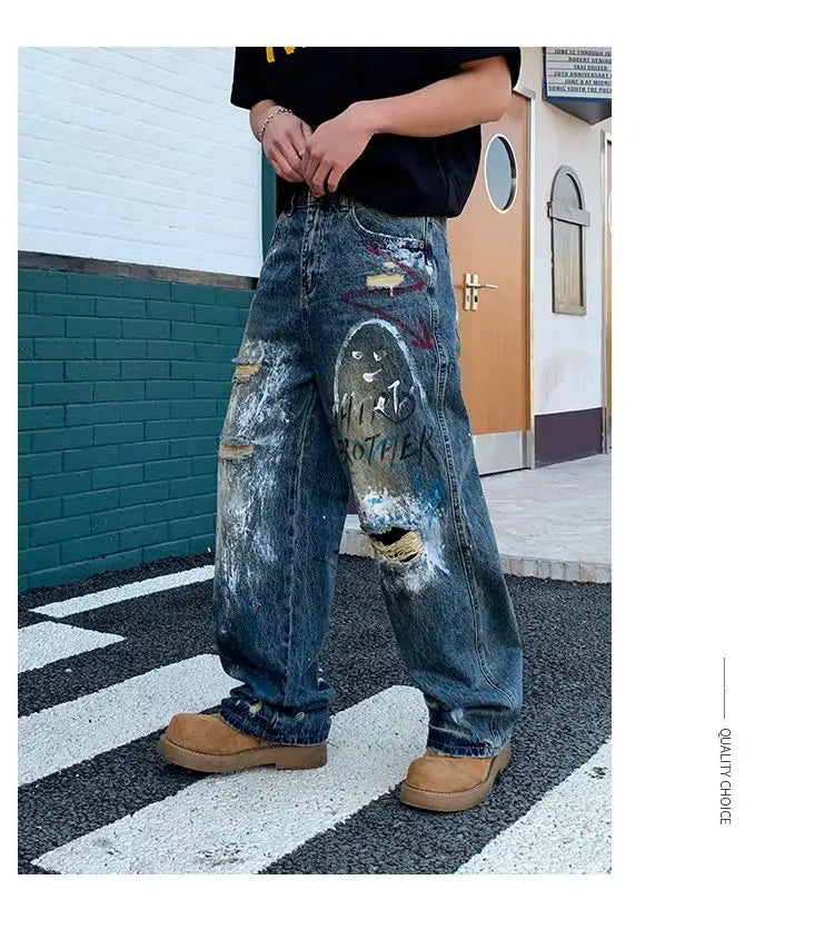 New street graffiti ripped painted jeans for men, straight-leg, loose, wide-leg, trendy brand, stylish high-end