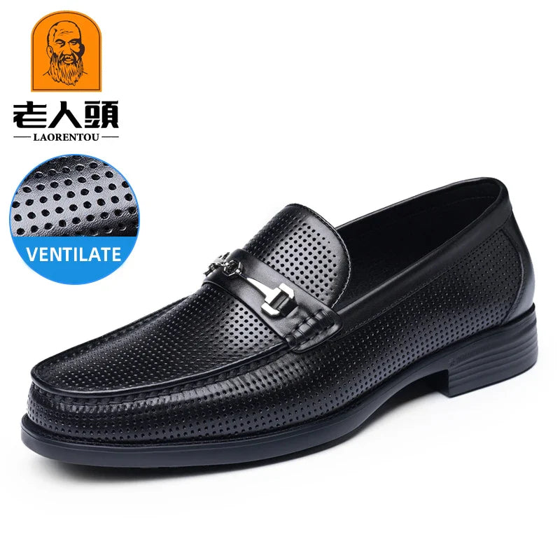 LAORENTOU men's bean shoes, genuine leather hollow out breathable business casual dad leather sandals, soft soled loafers10790DW