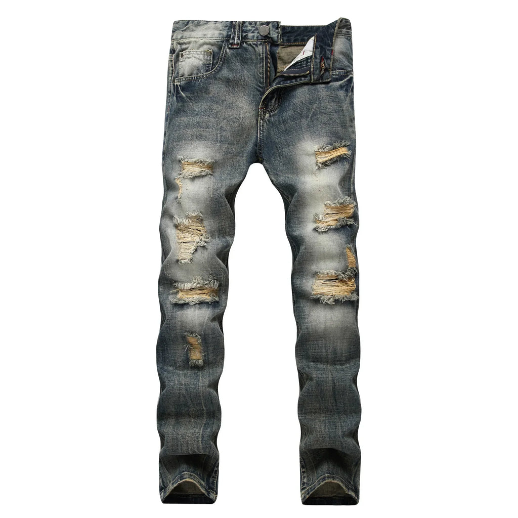 Cross-Border Men's Wear Ripped Straight-Leg Slim Fit Smooths Your Silhouette No Stretch Jeans Light-Colored Denim Trousers Amazo