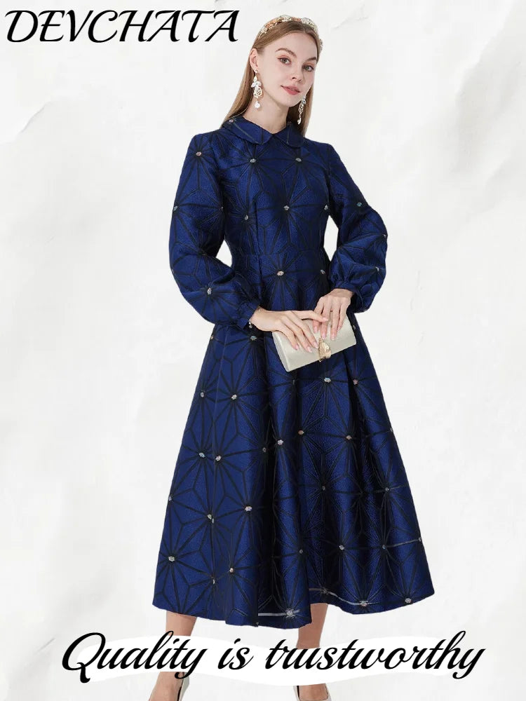 Fall/Winter Turned Collar Lined Sleeve A-Line Silhouette Geometric Heavyweight Jacquard Elegant and Graceful Long Dress