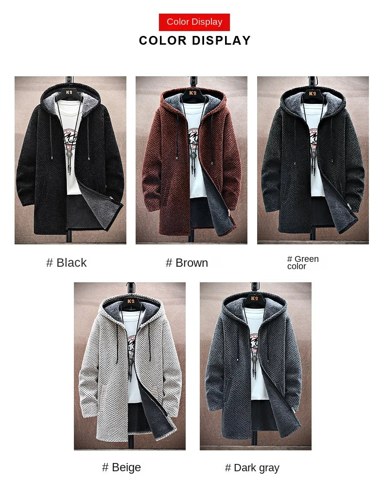 Men's Cardigan Cashmere Long Coat Sweaters with Hoods Autumn Winter New Fleece Warm Solid SweaterCoat Windbreaker Men Clothing