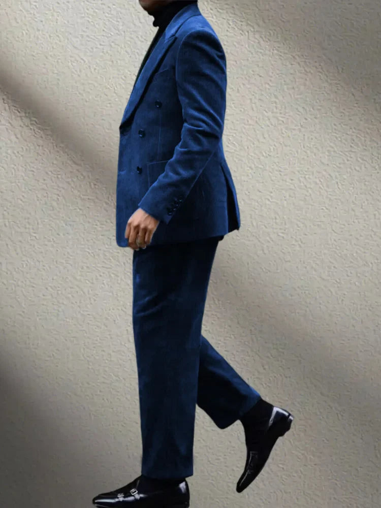 2-Pieces Retro Corduroy Double Breasted Suit Set(Blazer+Pants)High-Quality Warm Luxurious Set Wedding Part Prom Dinner Wrok