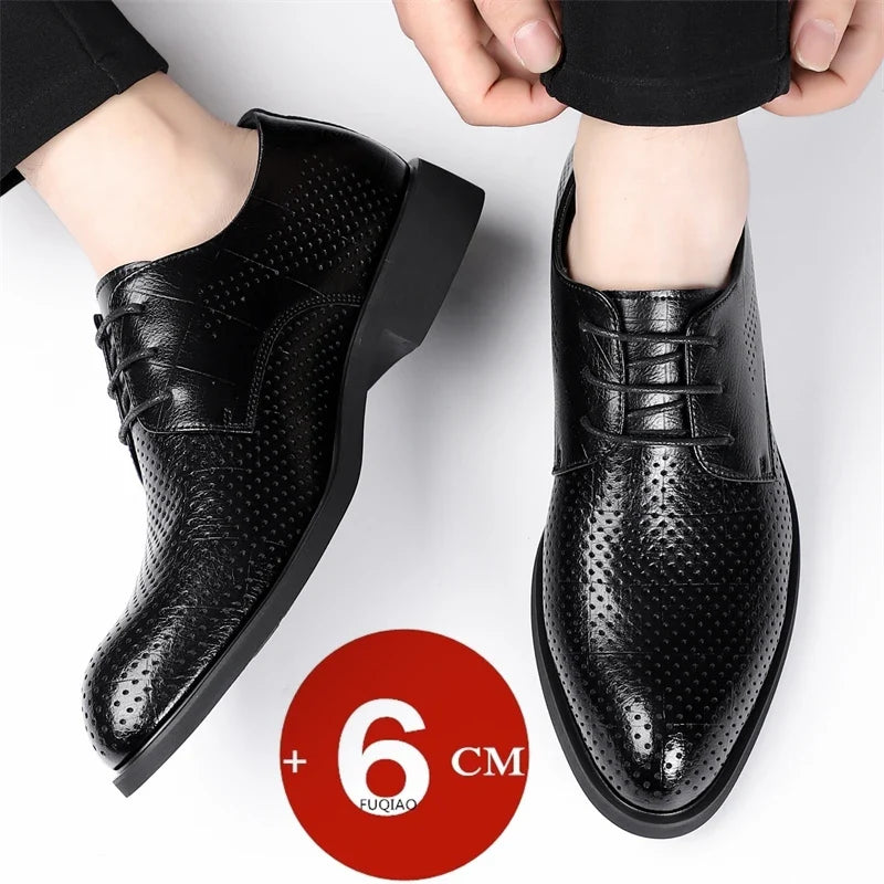 Men Spring Summer Hollow Out Breathable Elevator Shoes 6cm Hidden Height Increasing Business Formal Dress Office Wedding Shoes