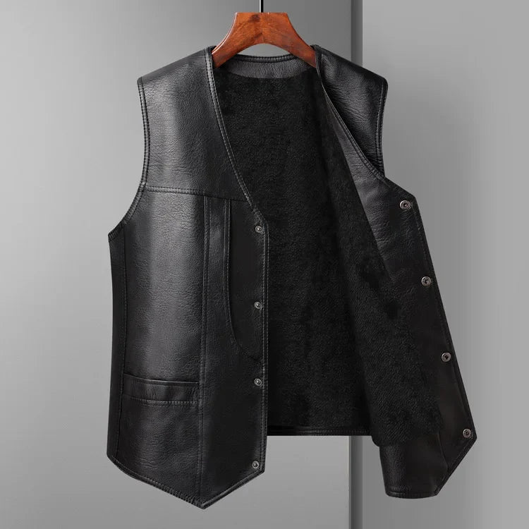 2024 Winter Men Thick Warm Fleece Leather Vest Coat  Male V-Neck Single Breasted Vest Casual Male Clothing Outerwear