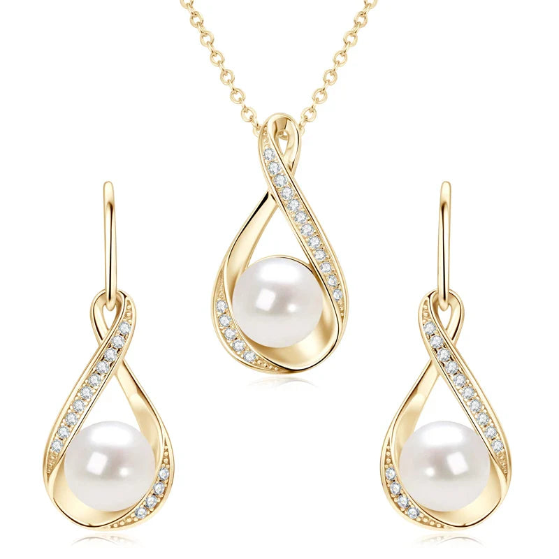 Moissanite Natural Freshwater Pearl Infinity Pendant Necklace & Earrings Sets for Women 925 Sterling Silver Wedding Jewelry Set