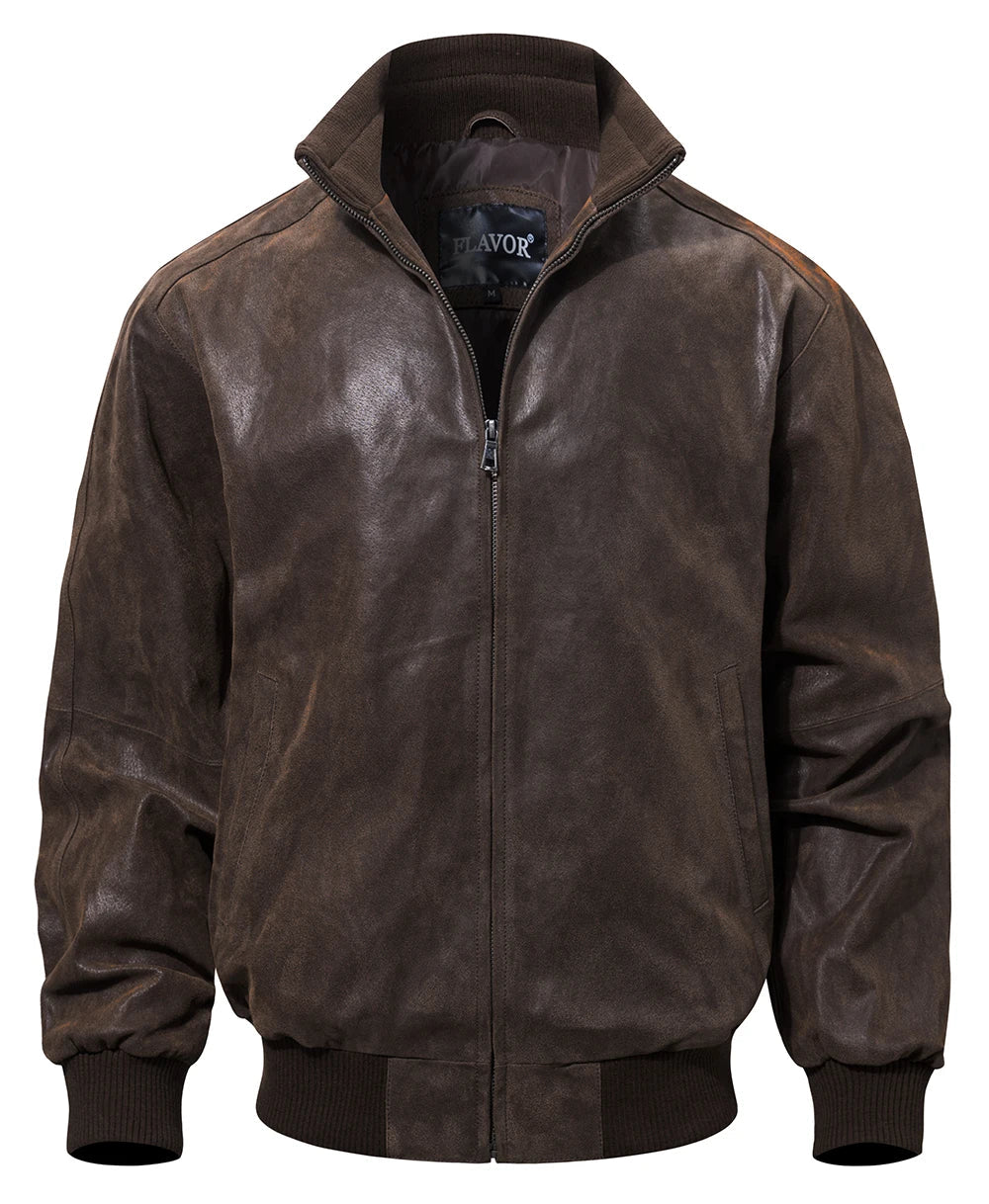 FLAVOR Men's Real Pigskin Leather Bomber Casual Jacket Stand Collar Leather Coat