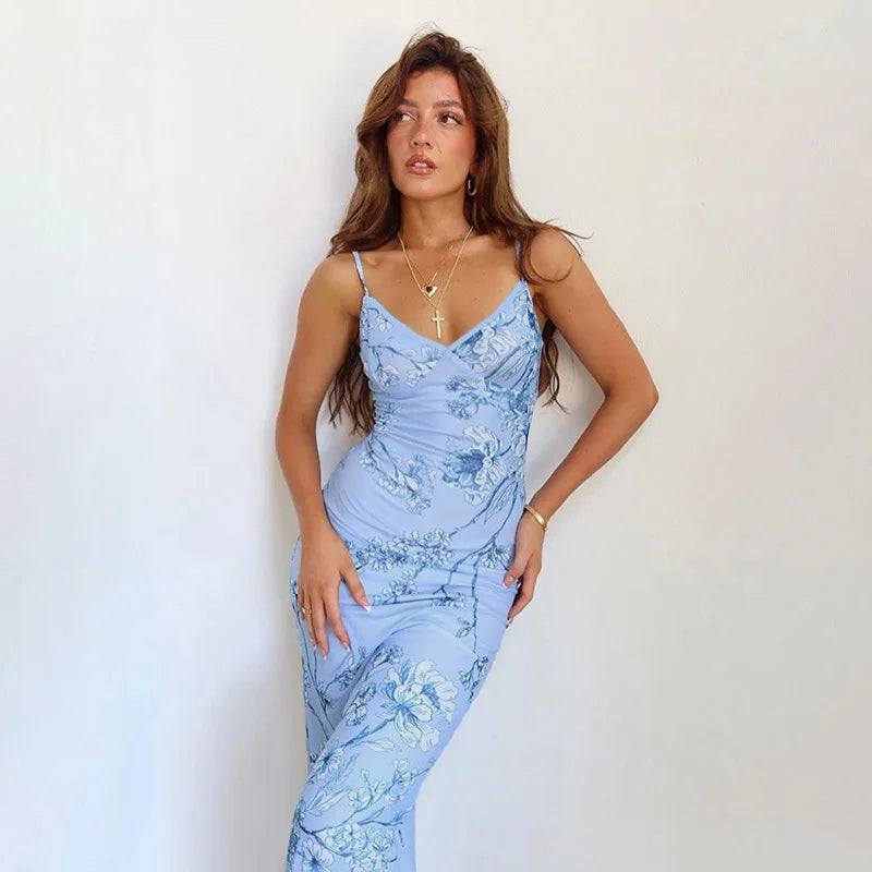 Floral Print Summer Green Dress Womens Fashion Casual Sleeveless V-neck Backless Tunics Bodycon Holiday Beach Dresses Streetwear