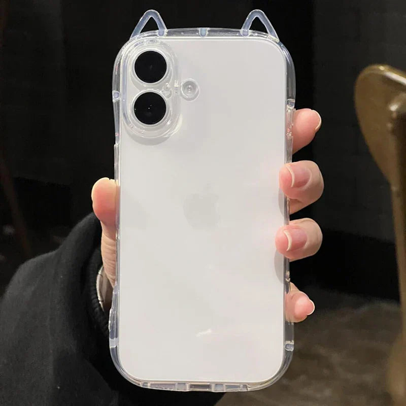 Cute Cat 3D Ears Transparent Phone Case For iPhone 17 Pro Max Air 16 15 13 11 12 14 Plus Soft Clear TPU Back Cover Shell