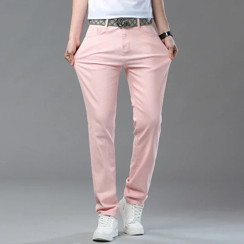 Men's Slim Fit Pants Casual Colorful 2025 Spring New Straight Trousers Men Cotton Stretch Fashion Pants Red Yellow Pink Blue