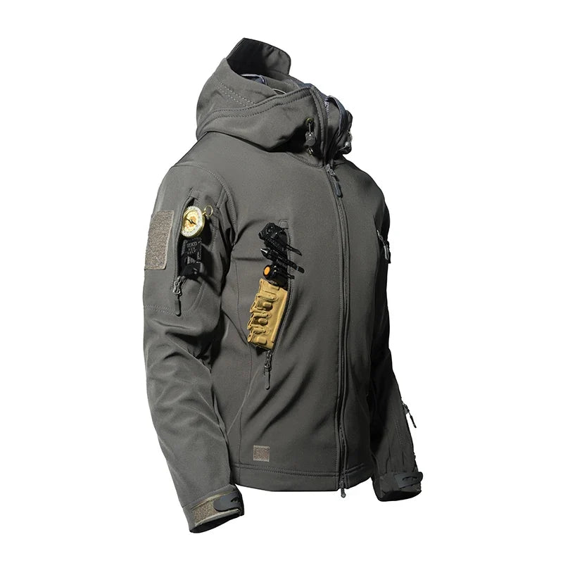 Mens Winter Autumn Warm Cargo Fleece Jackets Sharkskin Military Hood Windproof Outdoor Coats Hiking Camping Climbing Tactical