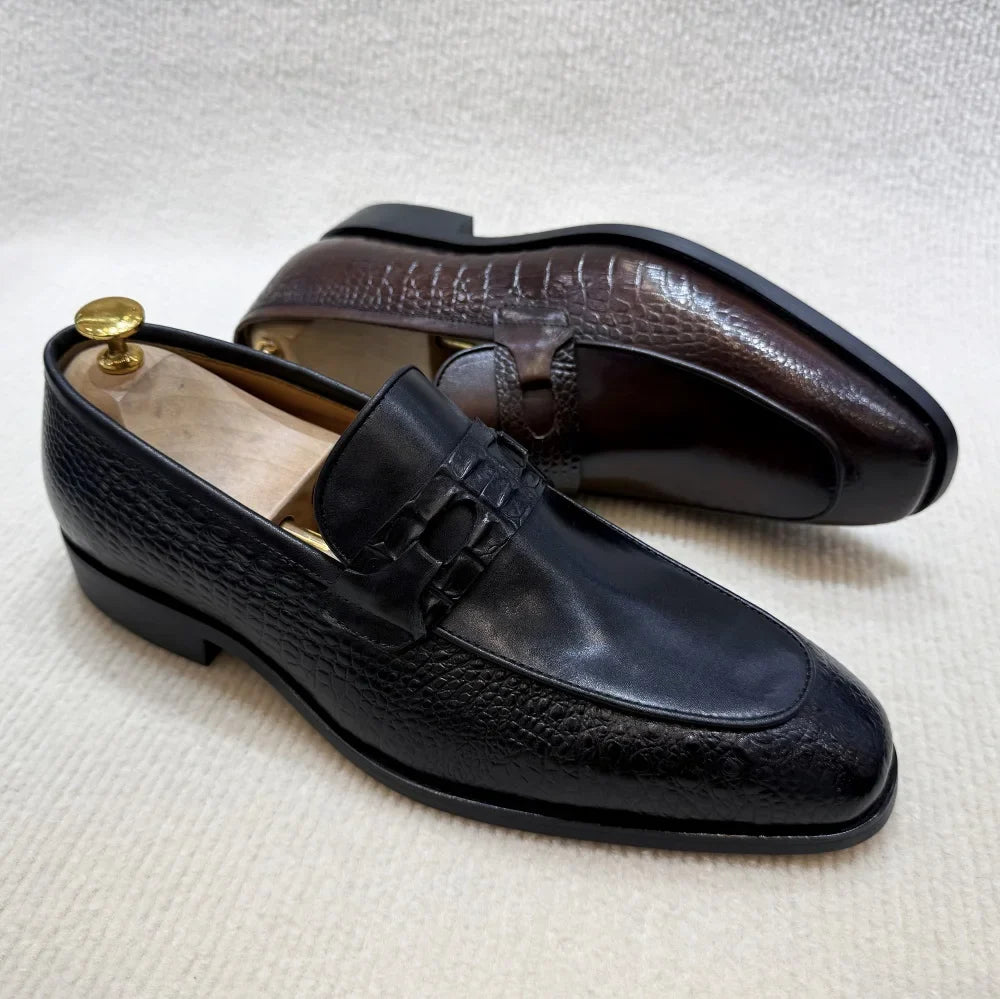 Luxury Men's Genuine Leather Dress Shoes Crocodile Print Wedding Loafers Double Buckle Business Office Formal Slip-On Shoes