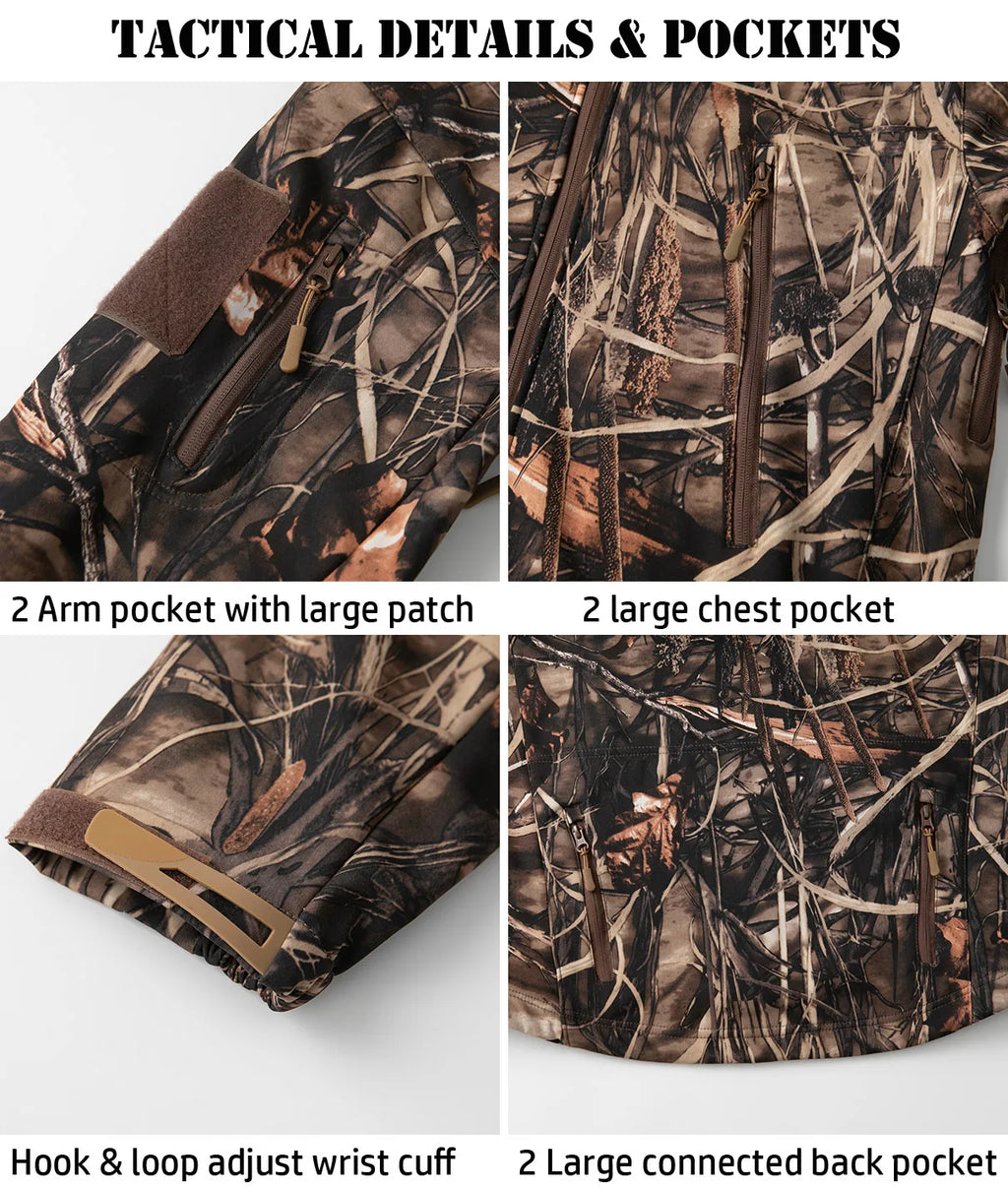 Men's Silent Camouflage Hunting Jacket Waterproof Fleece Tactical Jackets Soft Shell Outdoor Hiking Fishing Hooded Coat