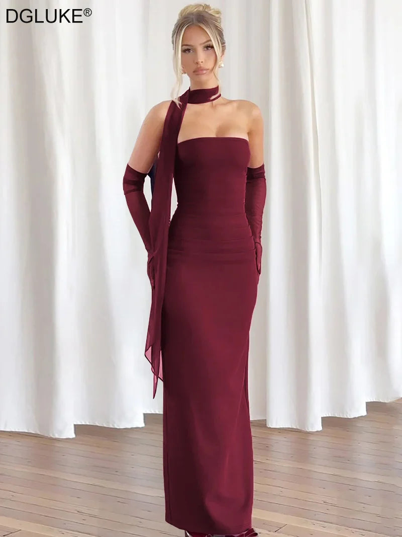 Elegant Strapless Maxi Dresses Woman  Backless Long Dress