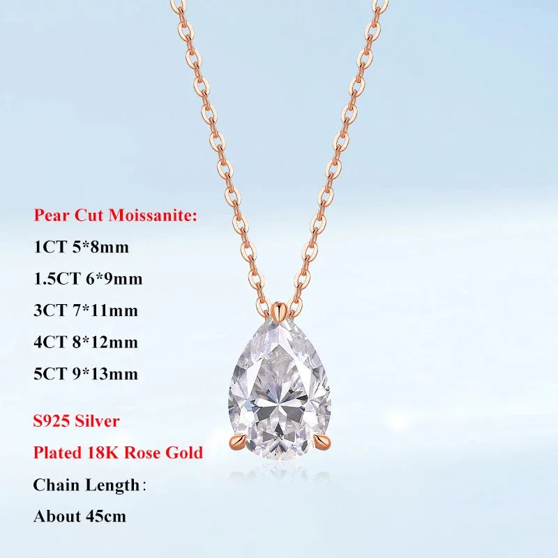 Pear Cut 1/1.5/3/4/5CT D Color Moissanite Pendant Necklace for Women Men 925 Silver Waterdrop Solitaire Diamond Neck Chain