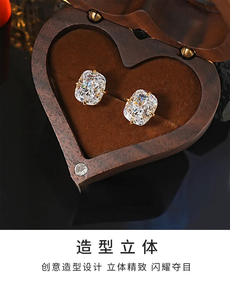 Light luxury 8 * 10 crushed ice cut 925 silver ear nail inlaid with high carbon diamond fat rectangular temperament for women