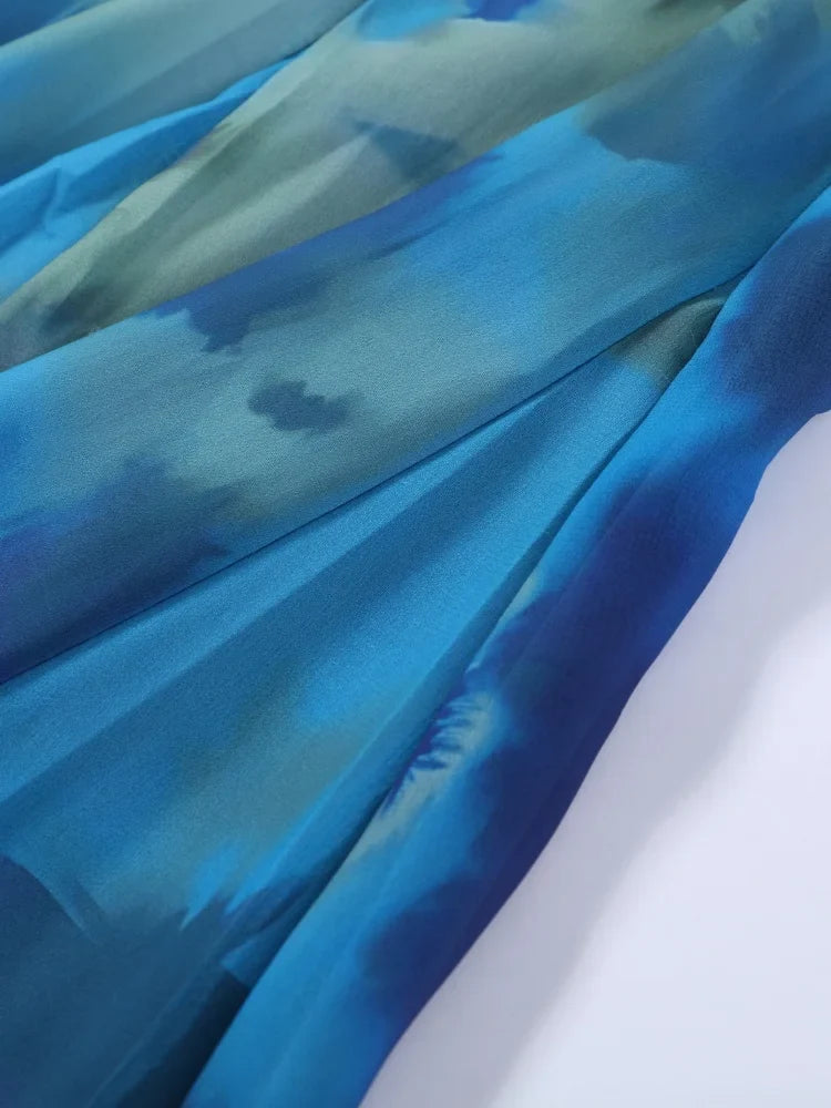 Women's Elegant Blue Watercolor Print Maxi Dress Sleeveless Cowl Neck Satin Formal Evening Gown A-line Floor Length Party Dress