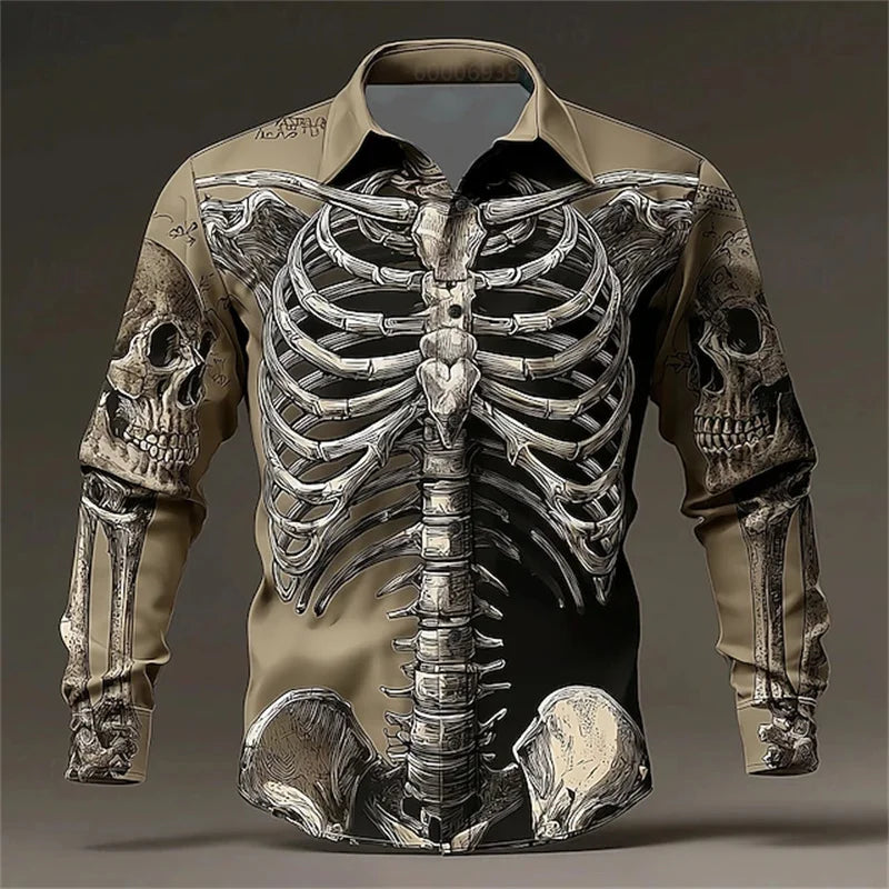 Men's Skull Day of the Dead Rose Shirt Casual Formal Button Shirt Long Sleeve Dark Punk Gothic Style Holiday Lapel Shirt White