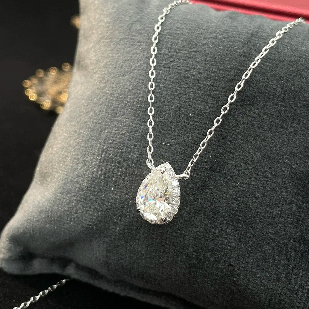 Certified 1/2 Carat Pear Cut Moissanite Pendant Necklaces 925 Sterling Silver Tear Drop Halo Diamond Neck Chain for Women