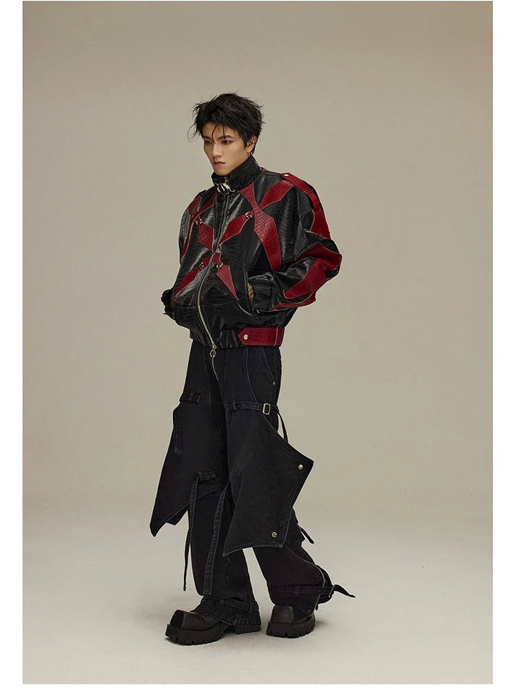 Spring Autumn Cool Handsome Crocodile Print Patchwork Pu Leather Jacket Men Color Block Luxury Designer Clothes 2024