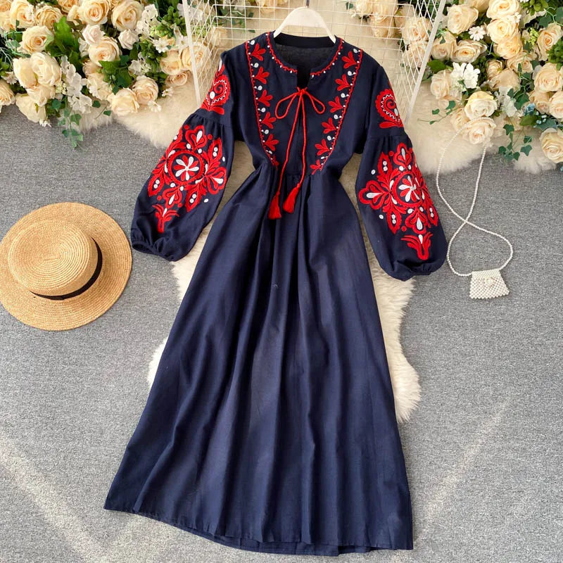 Embroidered Flower Long Sve Loose Fit Lantern Sve Gathered Slimming A-Line Dr Women's round Ne Dr