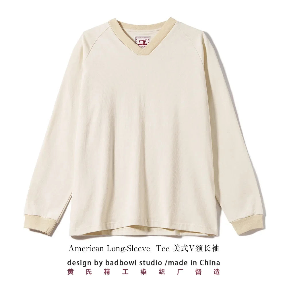 300G Combed Cotton Long Sleeved T-shirt for Men, V-neck Long Sleeved Base Shirt, Loose Basic Style, Heavy-duty Washed