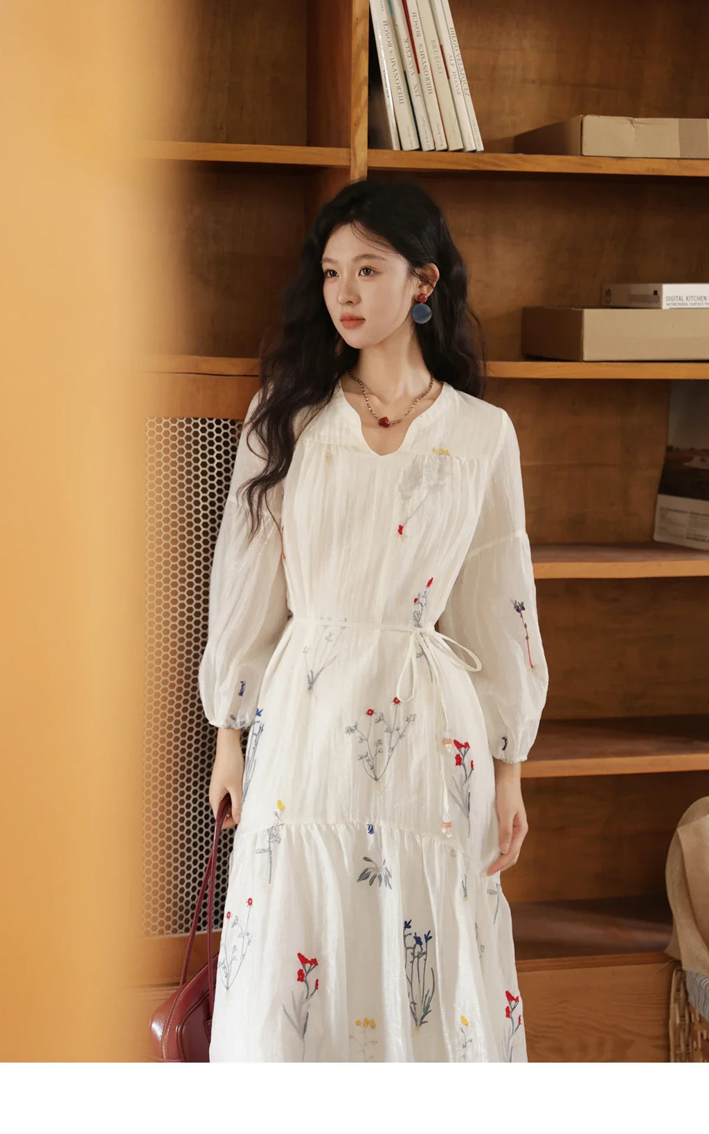 Beige Flower Embroidered Dress for Women 2025 Autumn Curved Collar Lantern Sleeves Tied Waist Long Dresses MXE41L2487