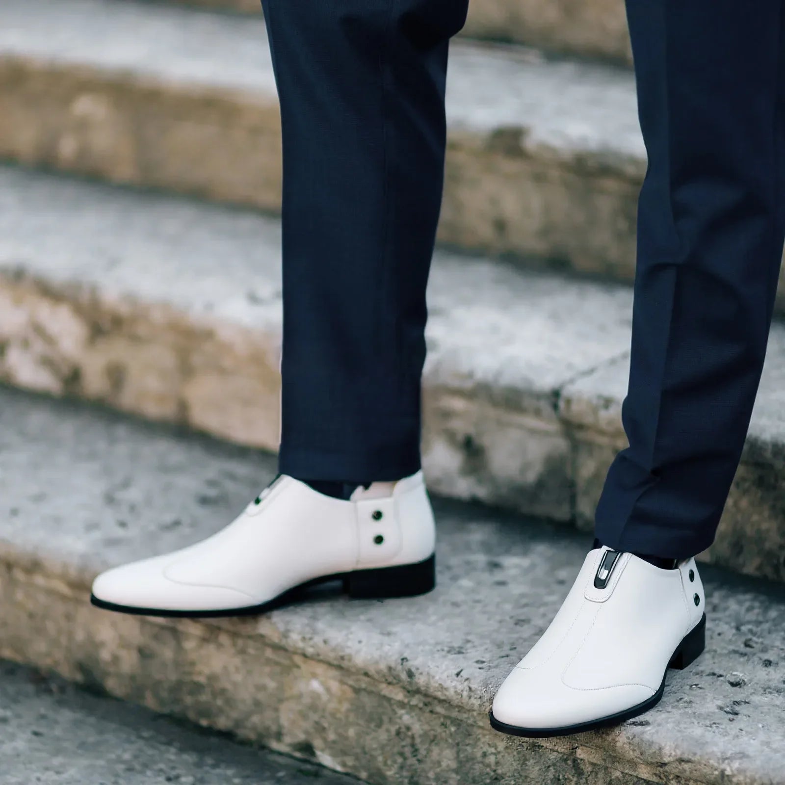 White Men'S Soft Leather Casual Loafers Comfortable Business Work Formal Spring Slip-On Metallic Dress Shoes Sole Polyurethane