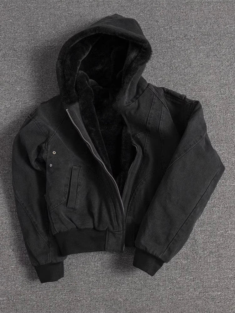 Autumn Winter Short Thickened Warm Oversized Canvas Washed Padded Jacket with Faux Fur Inside Loose Casual Hoodie