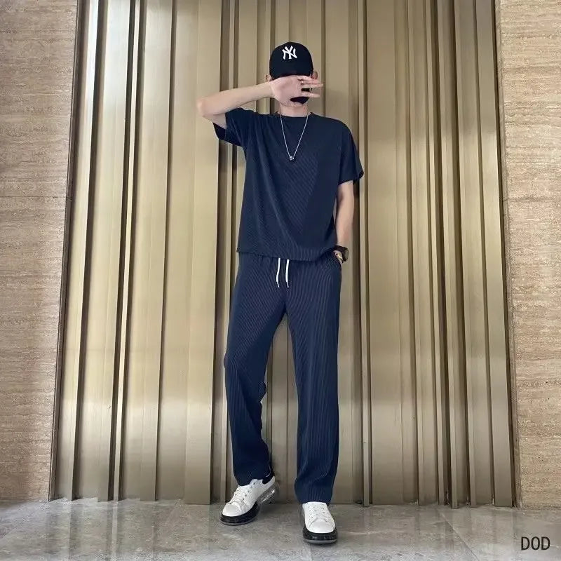 High-End Ice Silk Men's Sports Suit Casual Home Use Long Pants Short Sleeves Quick Drying Top Set Summer Collection