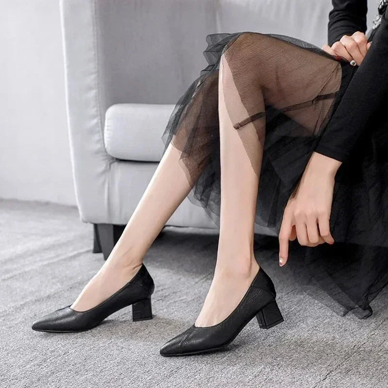 3-5cm Chunky Heeled Women Shoes Square Heel Leather Shoes Pumps Zapatos De Mujer Fashion Designer Office Ladies Single Shoe