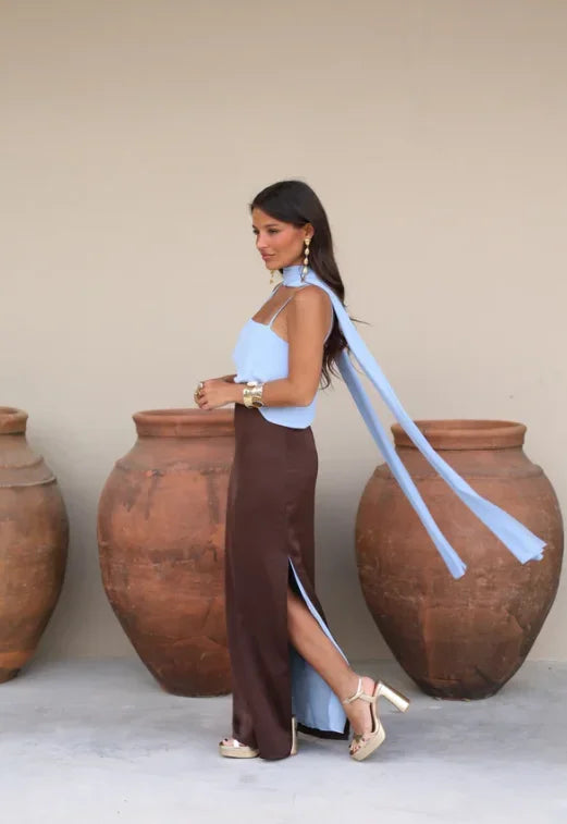 Fashion Color Block Spaghetti Strap Maxi Dress Women Elegant Halter Scarf  High Split Slim Vestidos 2026 New Daily Party Robes