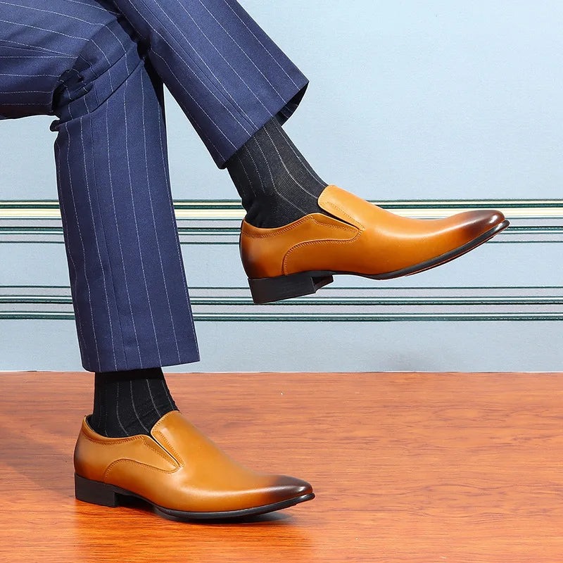 Top Layer Cowhide Shoes Men's Shoes Genuine Leather Business Dress Shoes Men British Pointed Toe Formal Slip-On Shoes