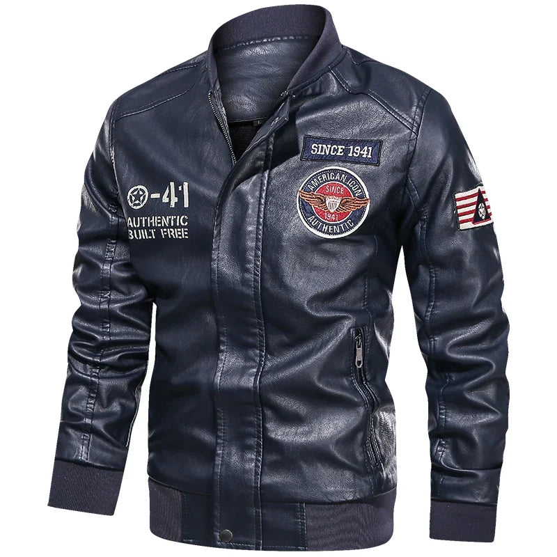 Men’s PU leather motorcycle jacket, color block pilot style, baseball collar, spring autumn, M–XXL