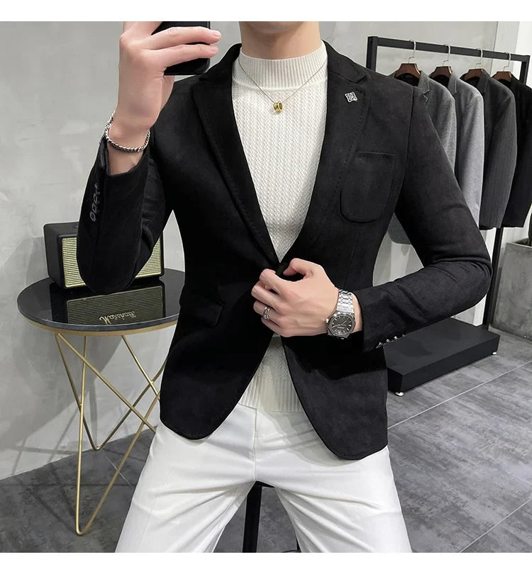 Plus Size 4XL-M Autumn Deerskin Velvet Jackets Blazer 6 Color Men Business Slim Blazers Hommes Casual Wedding Tuxedo Suit Coat