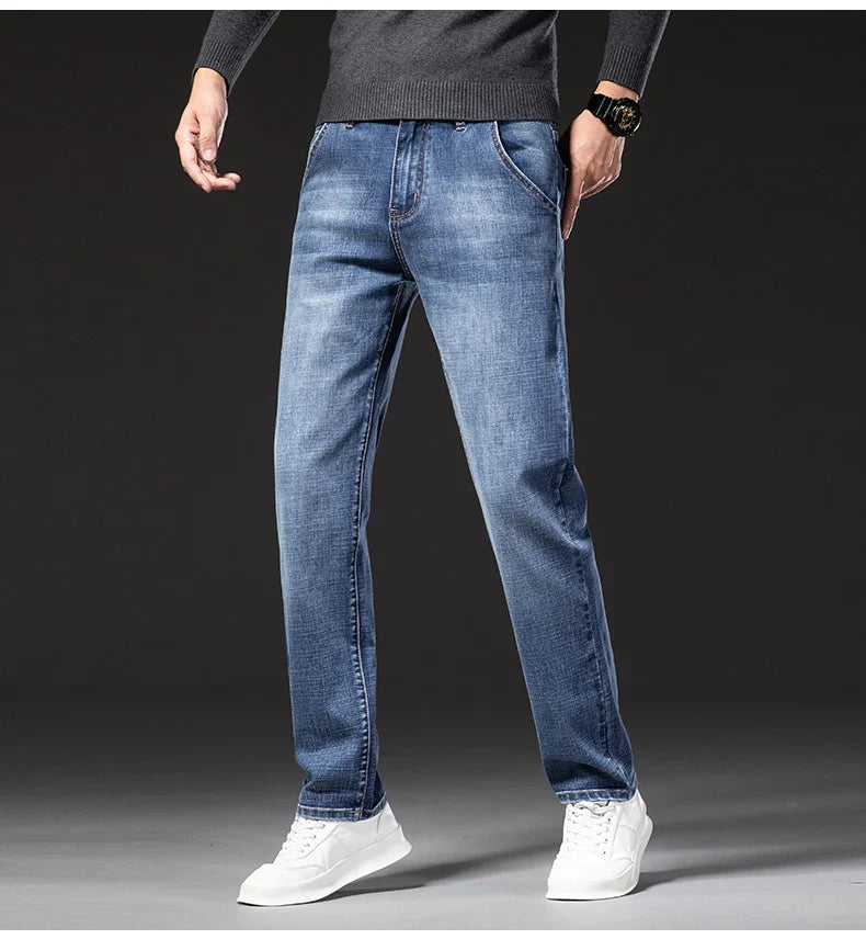 New Autumn and Winter  Plus Size 40 42 44 Men Straight Loose Jeans Business Fashion Denim Stretch Pants Male Brand Trousers