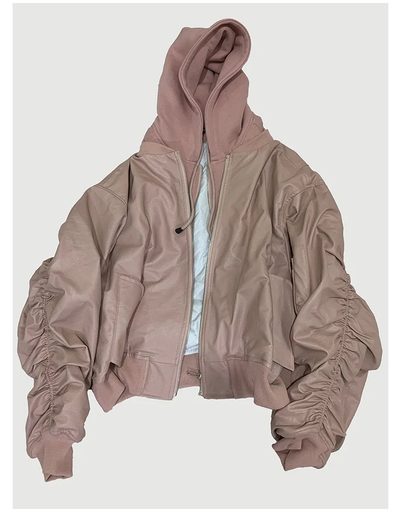 Autumn Winter Cool Handsome Oversized Brown Thickened Warm Leather Jacket Men with Hood Fake 2 Piece European Clothes