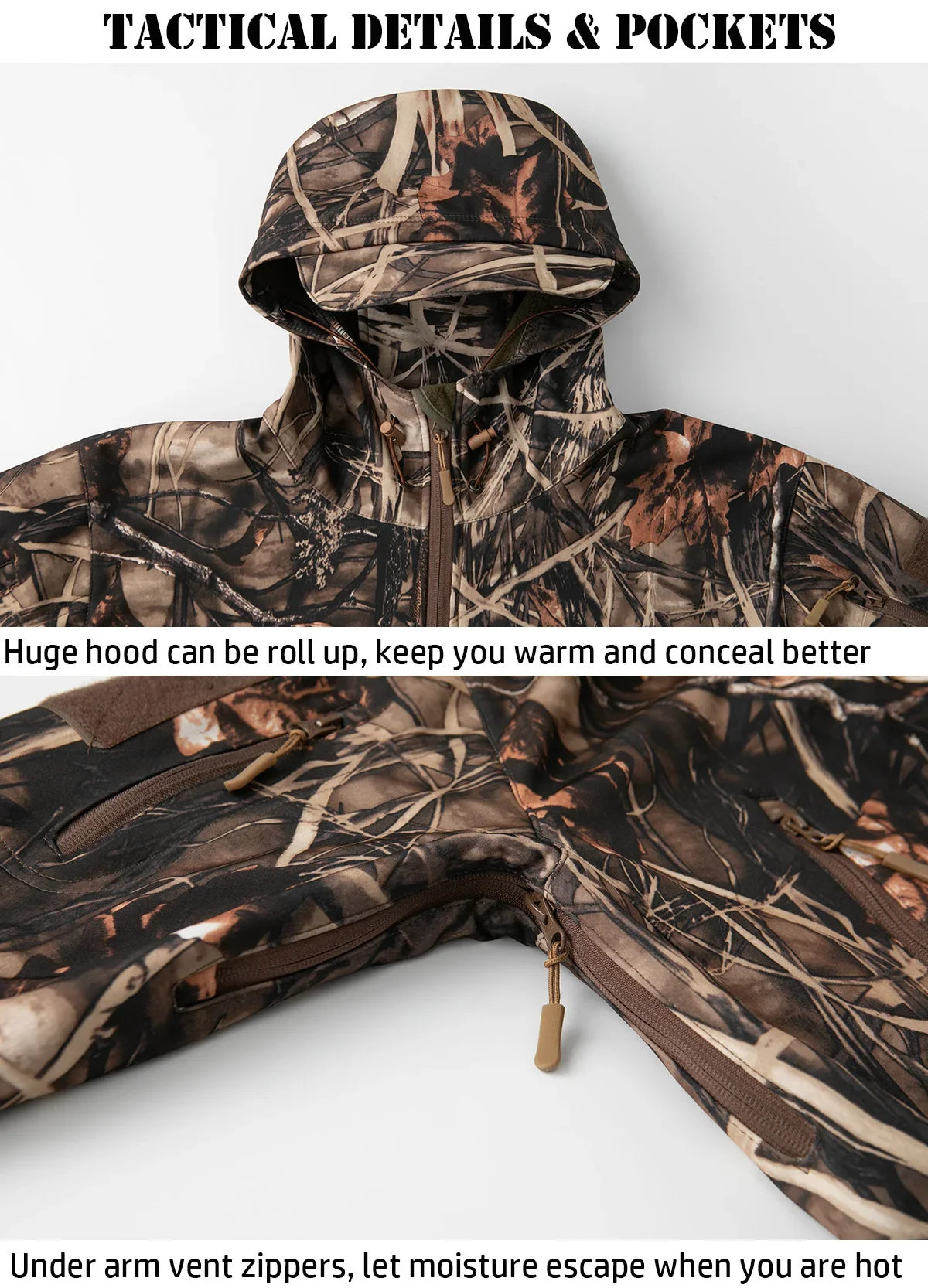 Men's Silent Camouflage Hunting Jacket Waterproof Fleece Tactical Jackets Soft Shell Outdoor Hiking Fishing Hooded Coat