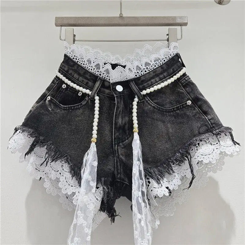 American Crochet Lace Denim Shorts With Pearl Sashes Summer Casual Fashion Women's Sweet Lace Patchwork Fringed Hot Jeans