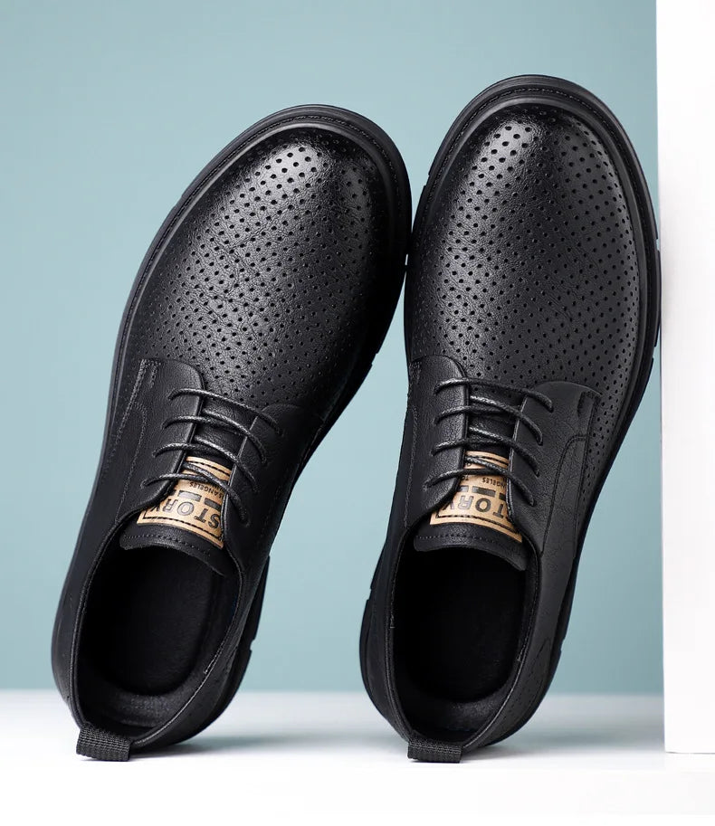 Summer Autumn New Low Top Cow Leather Shoes for Men Hallow Lace Designer Platform Shoes Male Fashion Business Casual Shoe Man