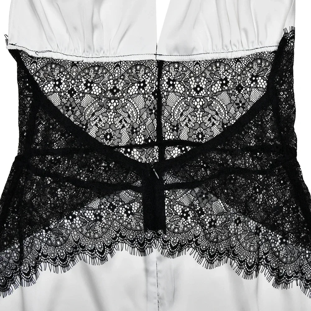 Sexy Deep V-neck Backless Lace Patchwork Satin Dresses for Women 2026 Summer Halter Sleeveless Long Maxi Party Evening Dress