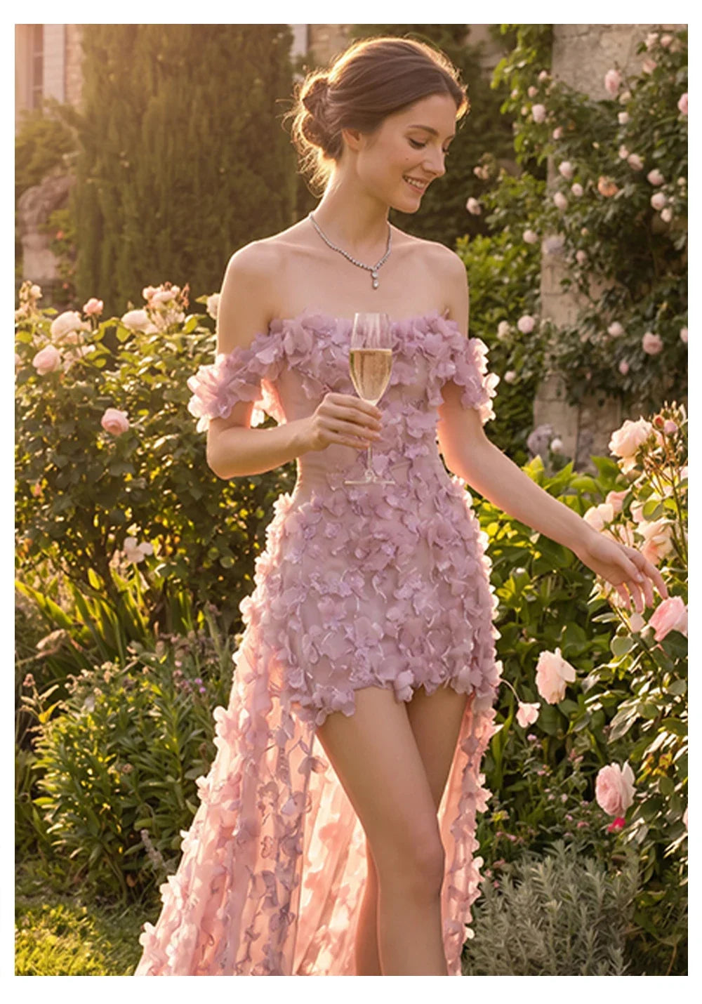 Pink Off Shoulder Mini Evening Dress 3D Handmade Floral Petal Appliques Long Train Tulle Formal Prom Gown Sexy High Split